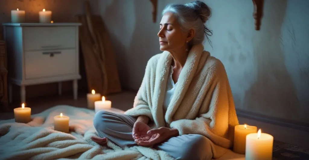5 Práticas Simples de Autocuidado para Mães Sobrecarregadas 2 Respiração Consciente para Recarregar as Energias, mulher meditando com velas ao redor