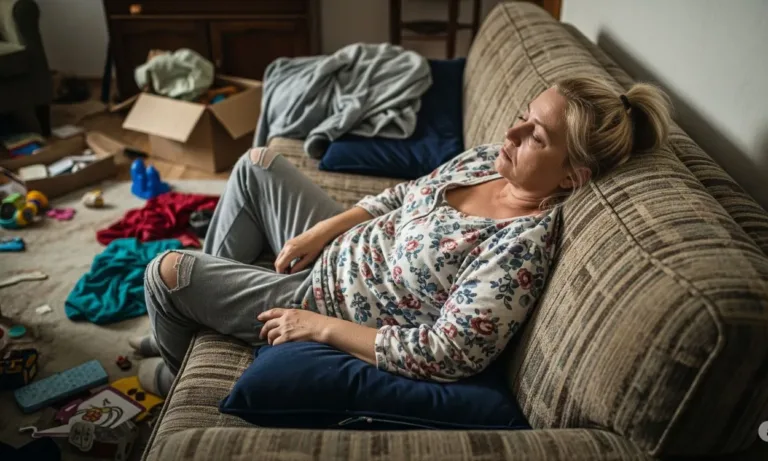 A Maternidade só é pesada se a paternidade for leve. Entenda o Porque 6 Mulher exausta no sofá com muita bagunça em volta