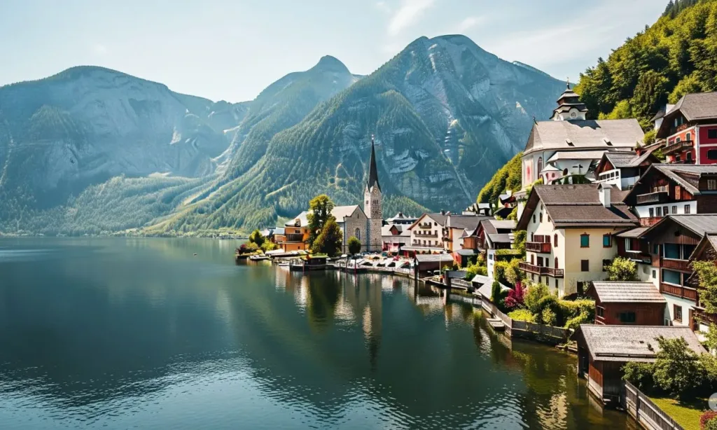 Lugares na Europa para aliviar a tensão do dia a dia 2 Vila de Hallstatt refletida no lago, cercada por montanhas, destino perfeito para aliviar a tensão