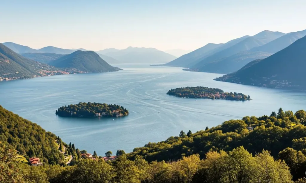 Lugares na Europa para aliviar a tensão do dia a dia 4 Vista das ilhas no Lago Maggiore cercado por montanhas, paisagem que transmite paz