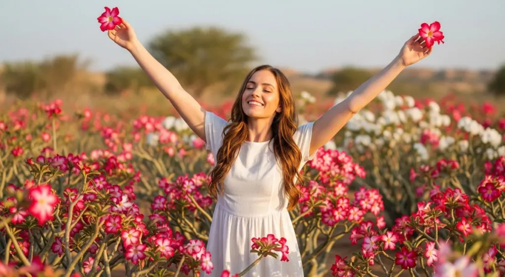 Rosa do deserto renova energia: uma aliada no bem-estar emocional das mães 3 Mulher com braços abertos em um campo de Rosa do Deserto, absorvendo a energia da natureza e desfrutando da paisagem.