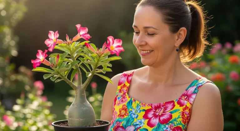 Rosa do deserto renova energia: uma aliada no bem-estar emocional das mães 3 Mulher feliz com uma Rosa do Deserto em flor no vaso, celebrando a beleza da planta no jardim.