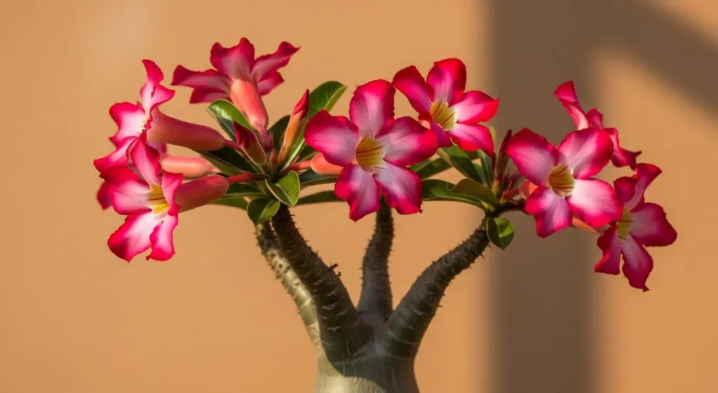 Rosa do deserto renova energia: uma aliada no bem-estar emocional das mães 2 Close-up de uma deslumbrante Rosa do Deserto com flores rosas e brancas, destacando sua beleza única.